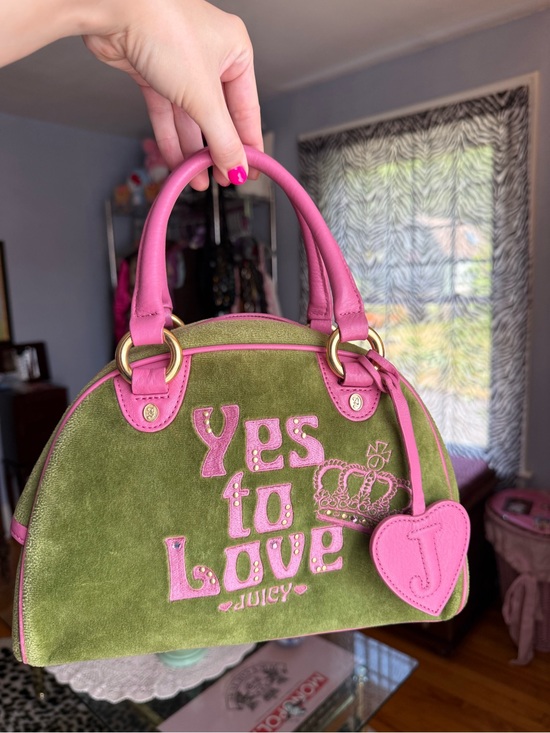 Juicy Couture Handbags - Juicy Couture Green Suede Satchel with Pink Trim and Heart Charm